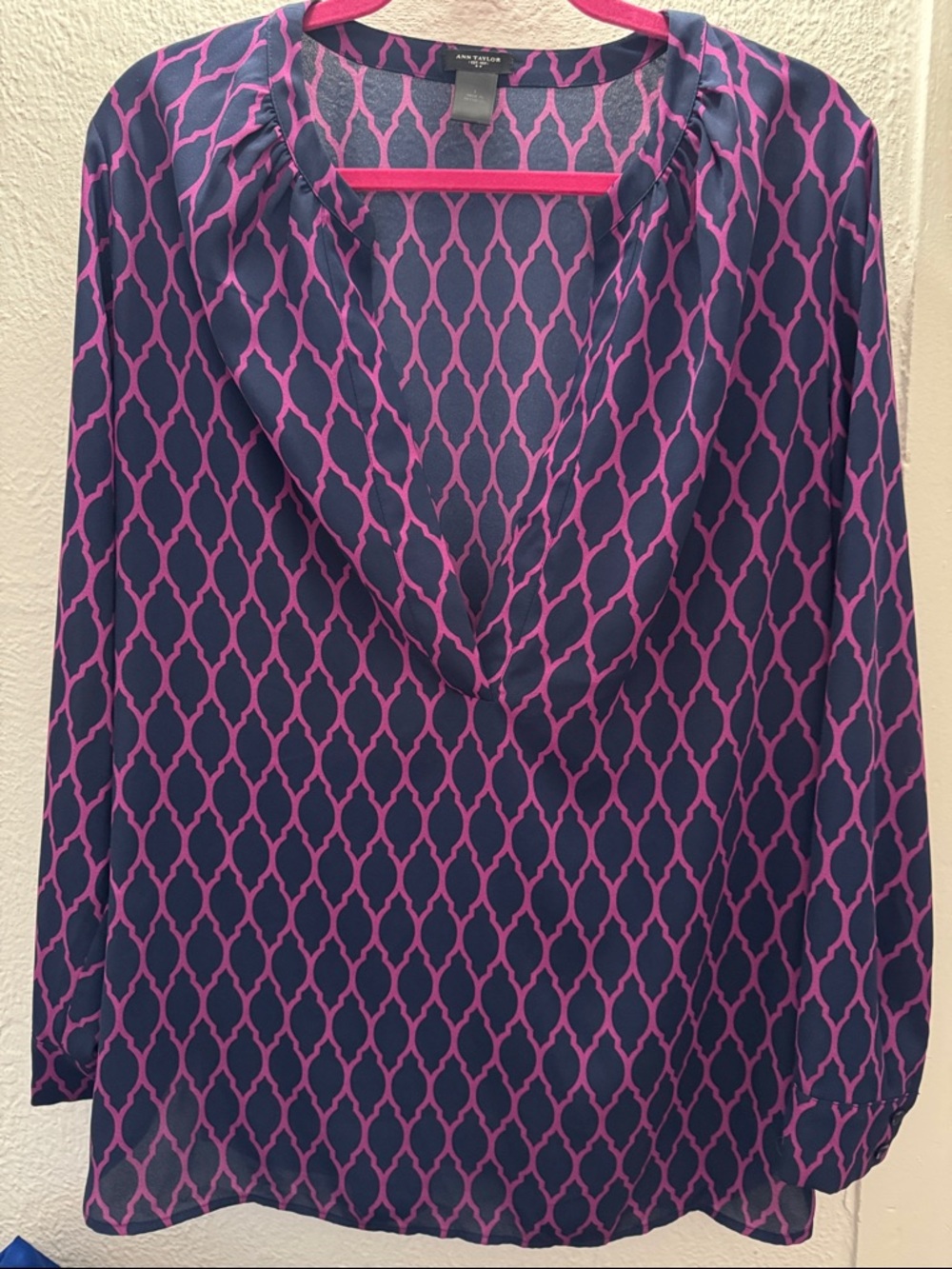 Anne Klein Navy with Pink Lattice V-Neck Blouse